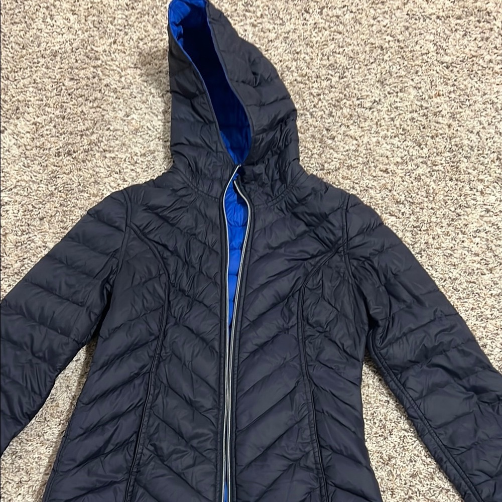 Hollister Black and Blue Puffer Jacket with Chevron Quilting